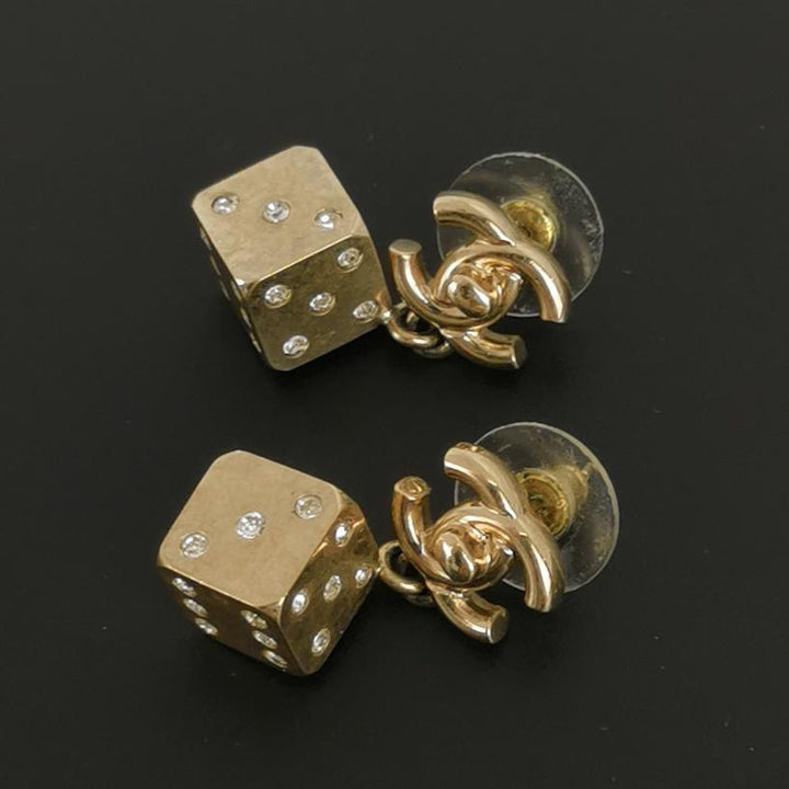 Chanel CC Logo Dice Gold Dangle Earrings