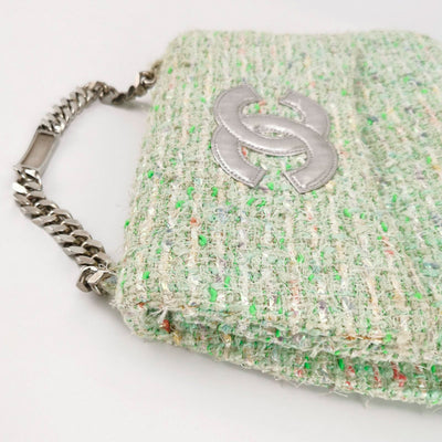 Chanel Vintage Light Green Tweed fabric CC Logo Handbag with Silver tone Chain Strap