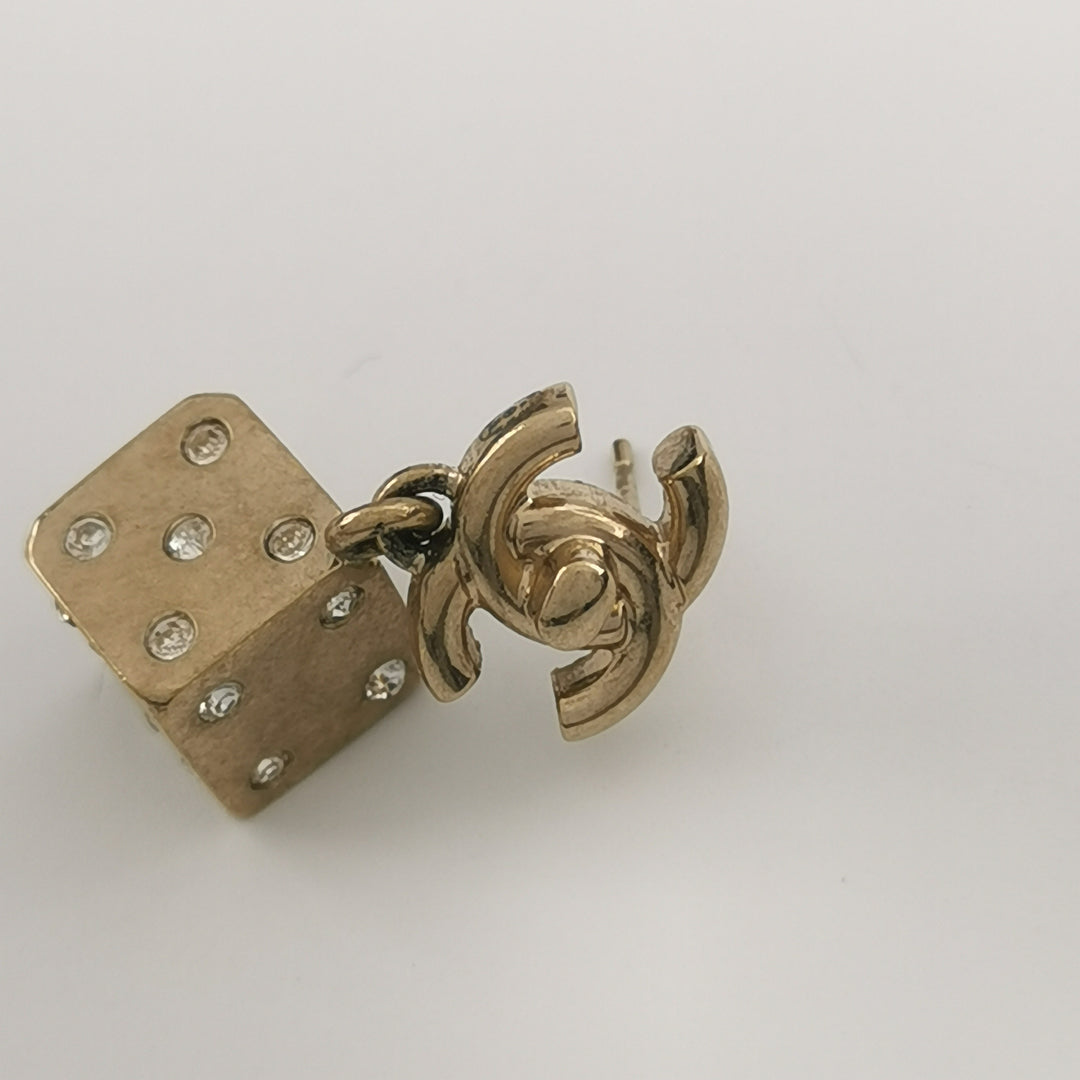 Chanel CC Logo Dice Gold Dangle Earrings