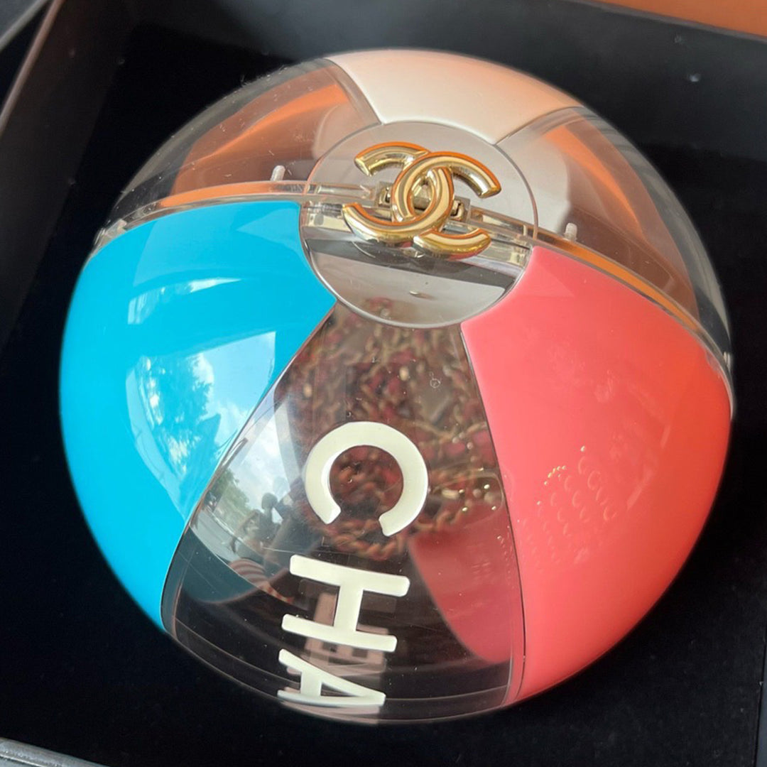 Chanel Coco Beach Ball Minaudiere in Pink Blue White Gold Hardware