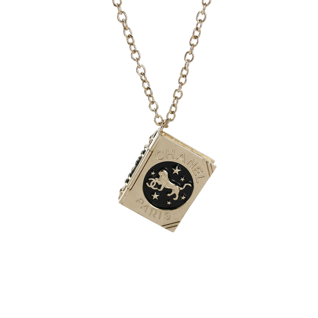 Chanel Gold Plated Book Pendant Necklace with Lion Detail