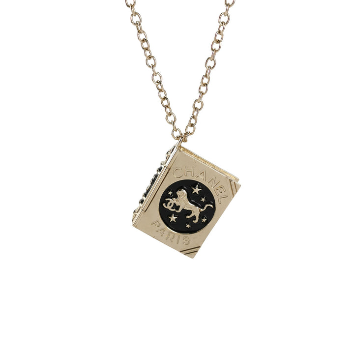Chanel Gold Plated Book Pendant Necklace with Lion Detail