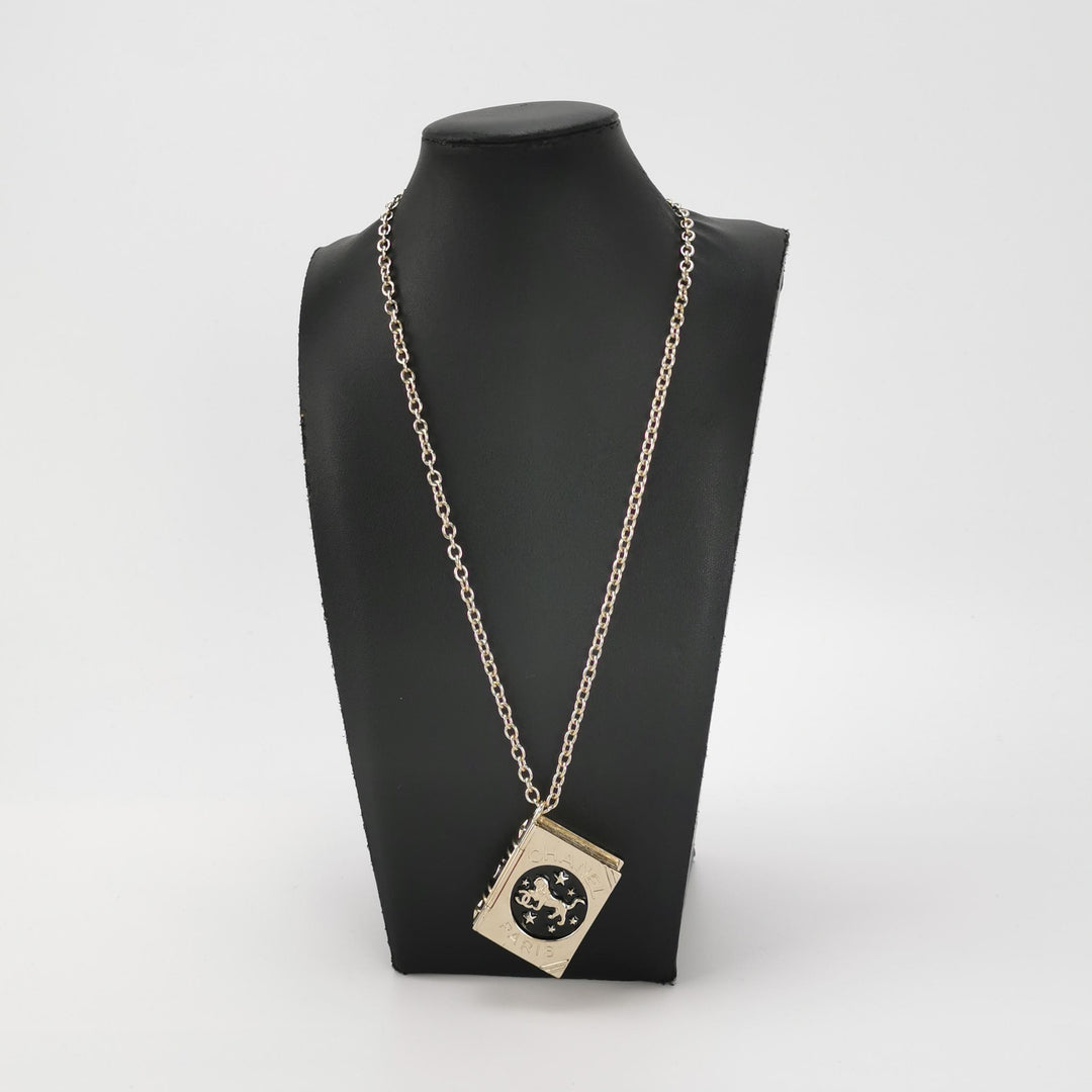 Chanel Gold Plated Book Pendant Necklace with Lion Detail