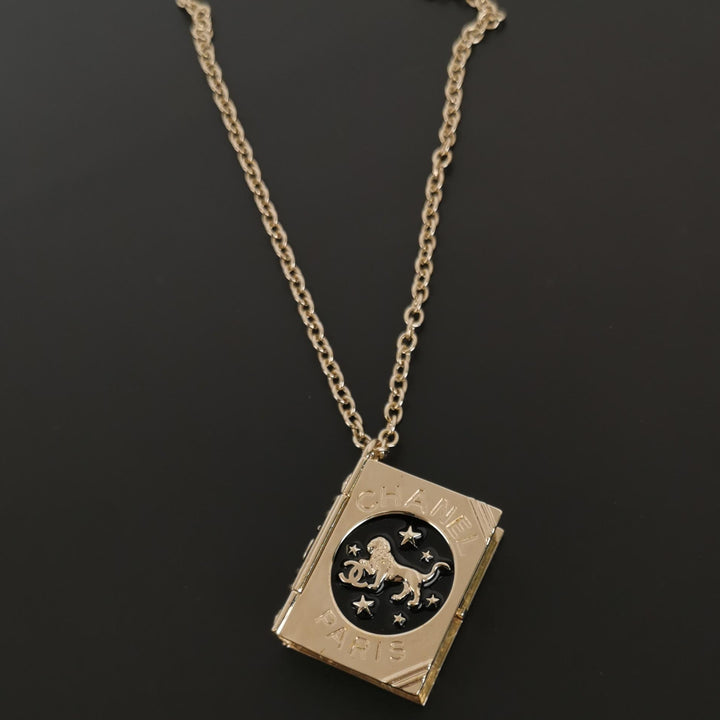 Chanel Gold Plated Book Pendant Necklace with Lion Detail