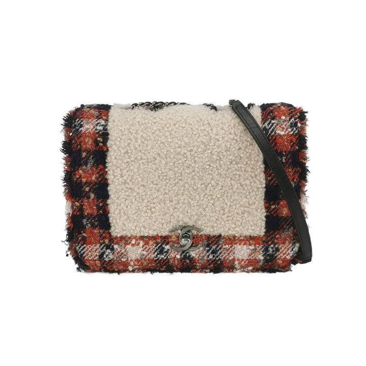 Chanel CC Tweed and Shearling Single Flap Crossbody Bag