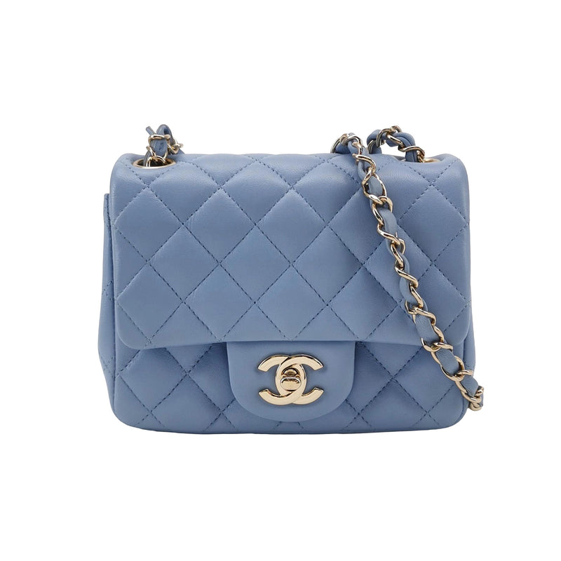 Chanel Classic Mini Square Flap Bag Baby Blue Lambskin Pale Gold Hardware