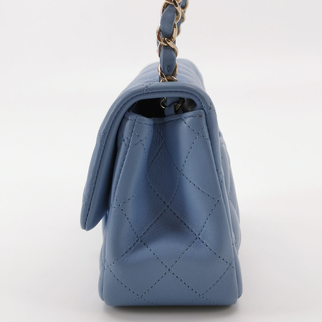 Chanel Classic Mini Square Flap Bag Baby Blue Lambskin Pale Gold Hardware