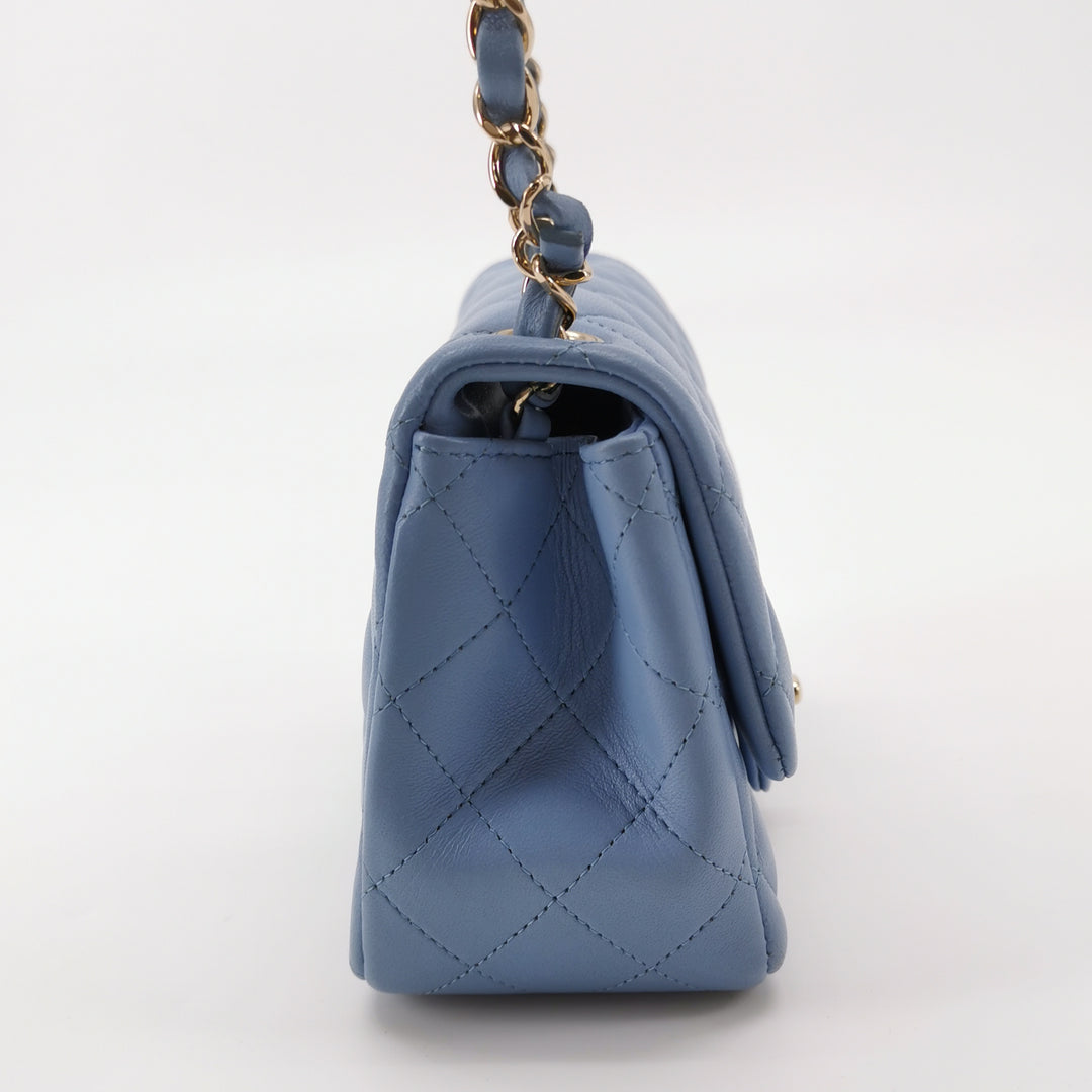 Chanel Classic Mini Square Flap Bag Baby Blue Lambskin Pale Gold Hardware