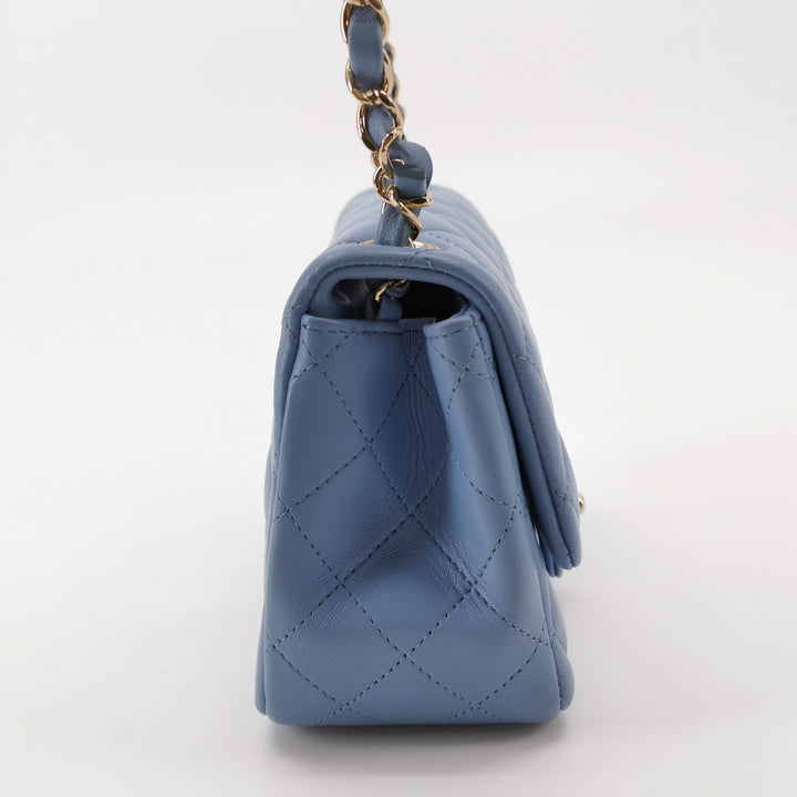 Chanel Classic Mini Square Flap Bag Baby Blue Lambskin Pale Gold Hardware