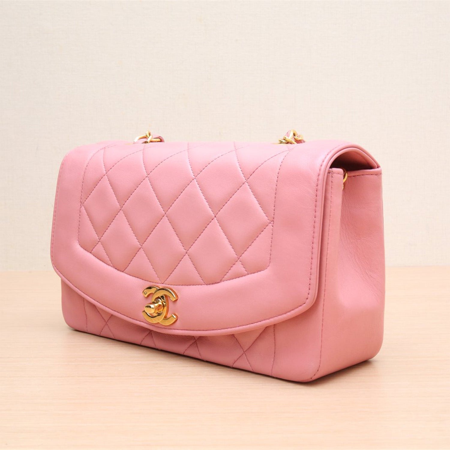 Chanel Vintage Rare Pink Lambskin Leather Diana Bag Gold