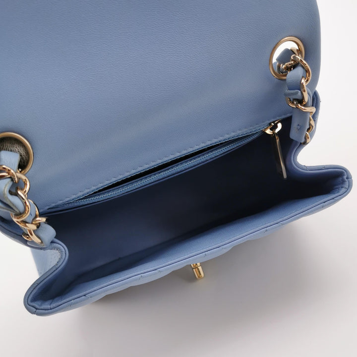Chanel Classic Mini Square Flap Bag Baby Blue Lambskin Pale Gold Hardware