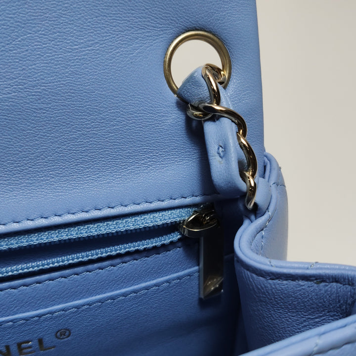 Chanel Classic Mini Square Flap Bag Baby Blue Lambskin Pale Gold Hardware