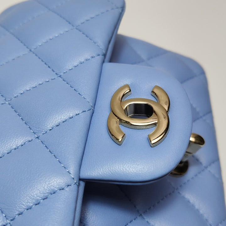 Chanel Classic Mini Square Flap Bag Baby Blue Lambskin Pale Gold Hardware