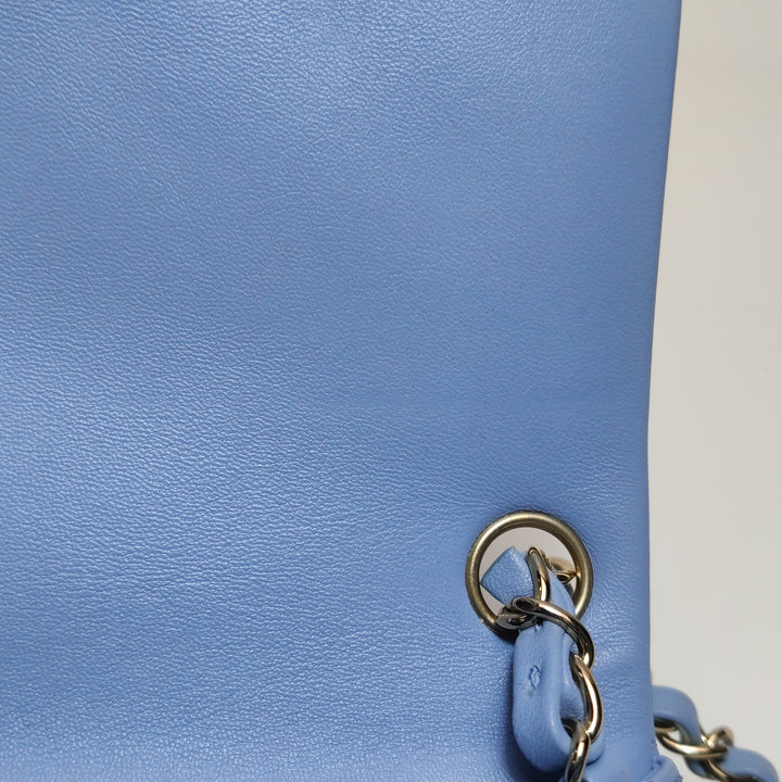 Chanel Classic Mini Square Flap Bag Baby Blue Lambskin Pale Gold Hardware