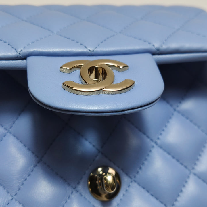 Chanel Classic Mini Square Flap Bag Baby Blue Lambskin Pale Gold Hardware