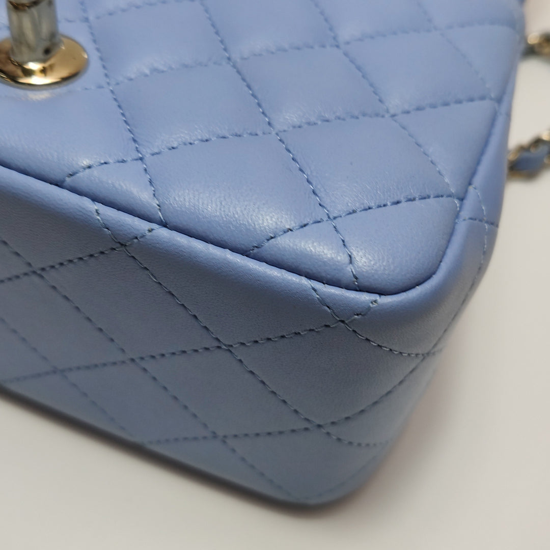 Chanel Classic Mini Square Flap Bag Baby Blue Lambskin Pale Gold Hardware