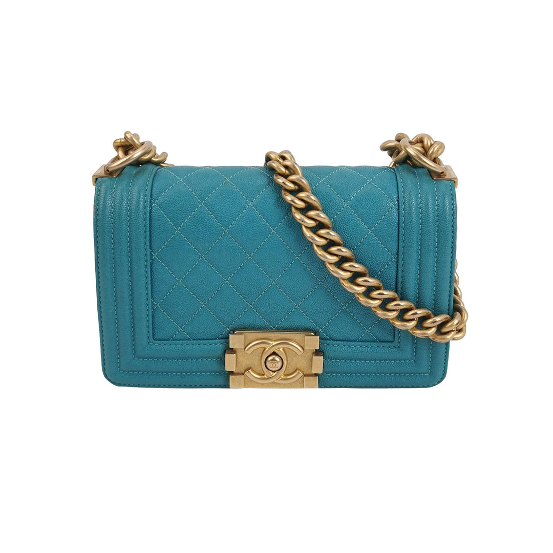 Chanel Boy Flap Bag Small Caviar Quilted Turquoise Aged Gold Hardware