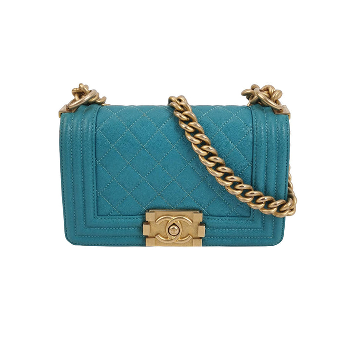 Chanel Boy Flap Bag Small Caviar Quilted Turquoise Aged Gold Hardware