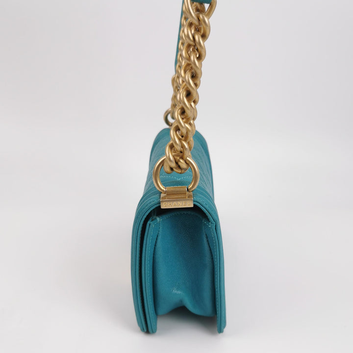 Chanel Boy Flap Bag Small Caviar Quilted Turquoise Aged Gold Hardware