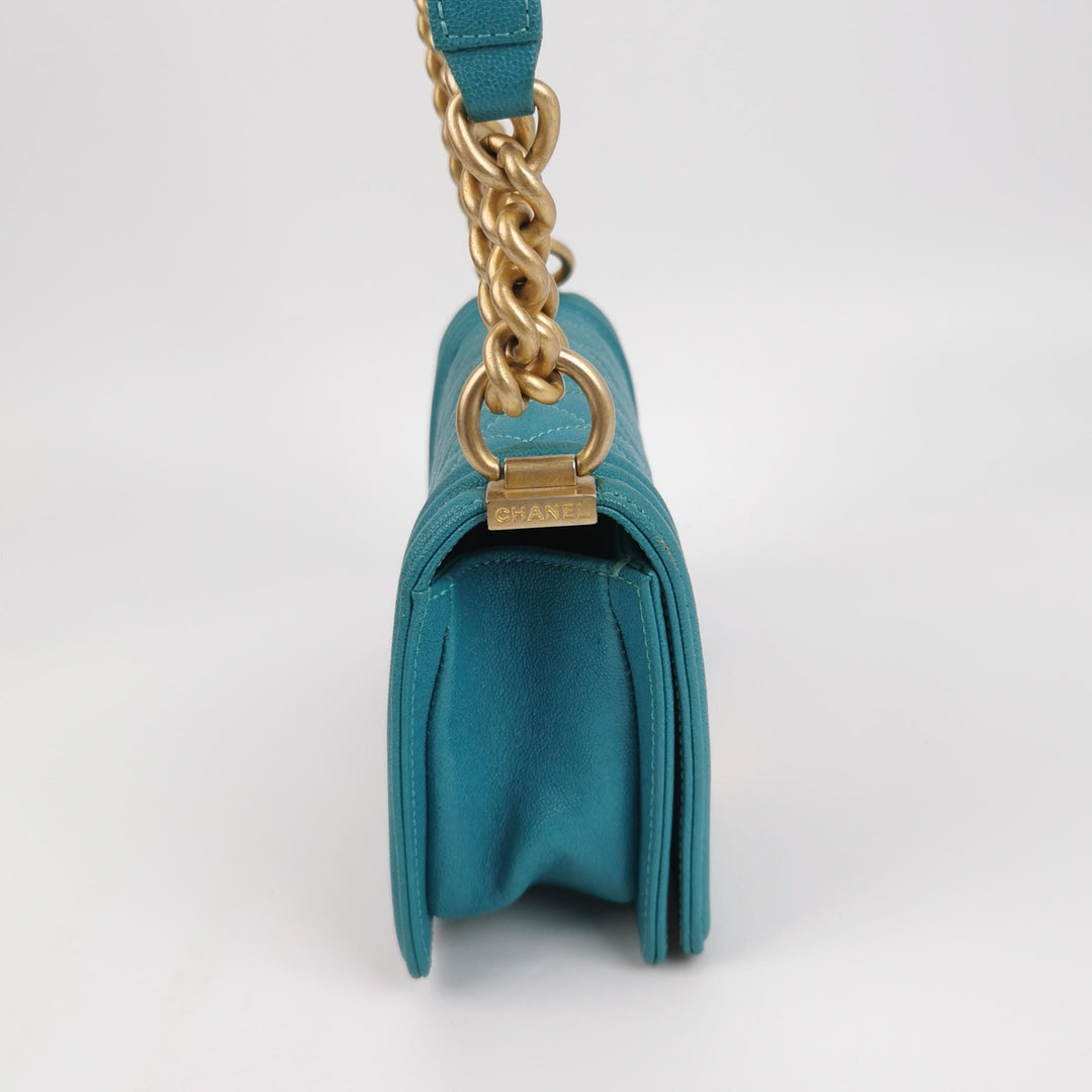 Chanel Boy Flap Bag Small Caviar Quilted Turquoise Aged Gold Hardware