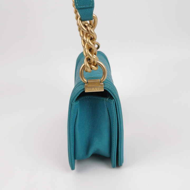 Chanel Boy Flap Bag Small Caviar Quilted Turquoise Aged Gold Hardware
