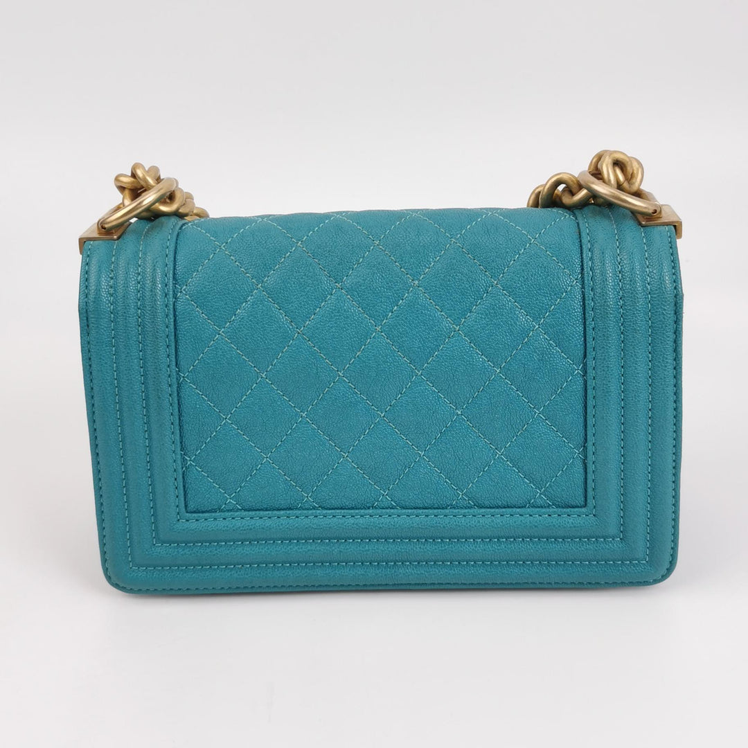 Chanel Boy Flap Bag Small Caviar Quilted Turquoise Aged Gold Hardware
