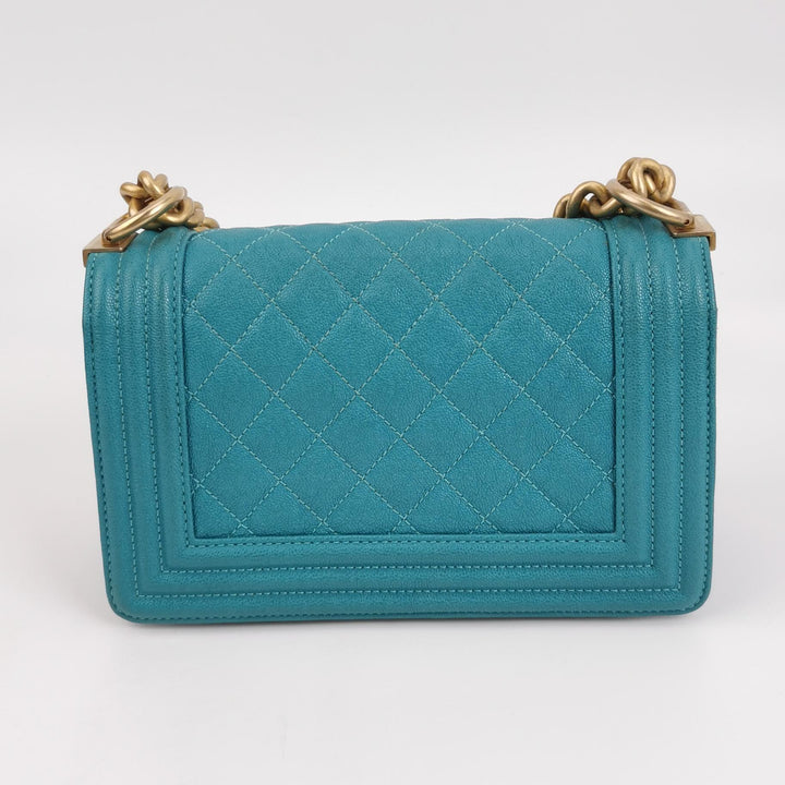 Chanel Boy Flap Bag Small Caviar Quilted Turquoise Aged Gold Hardware
