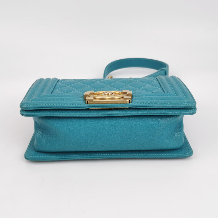 Chanel Boy Flap Bag Small Caviar Quilted Turquoise Aged Gold Hardware
