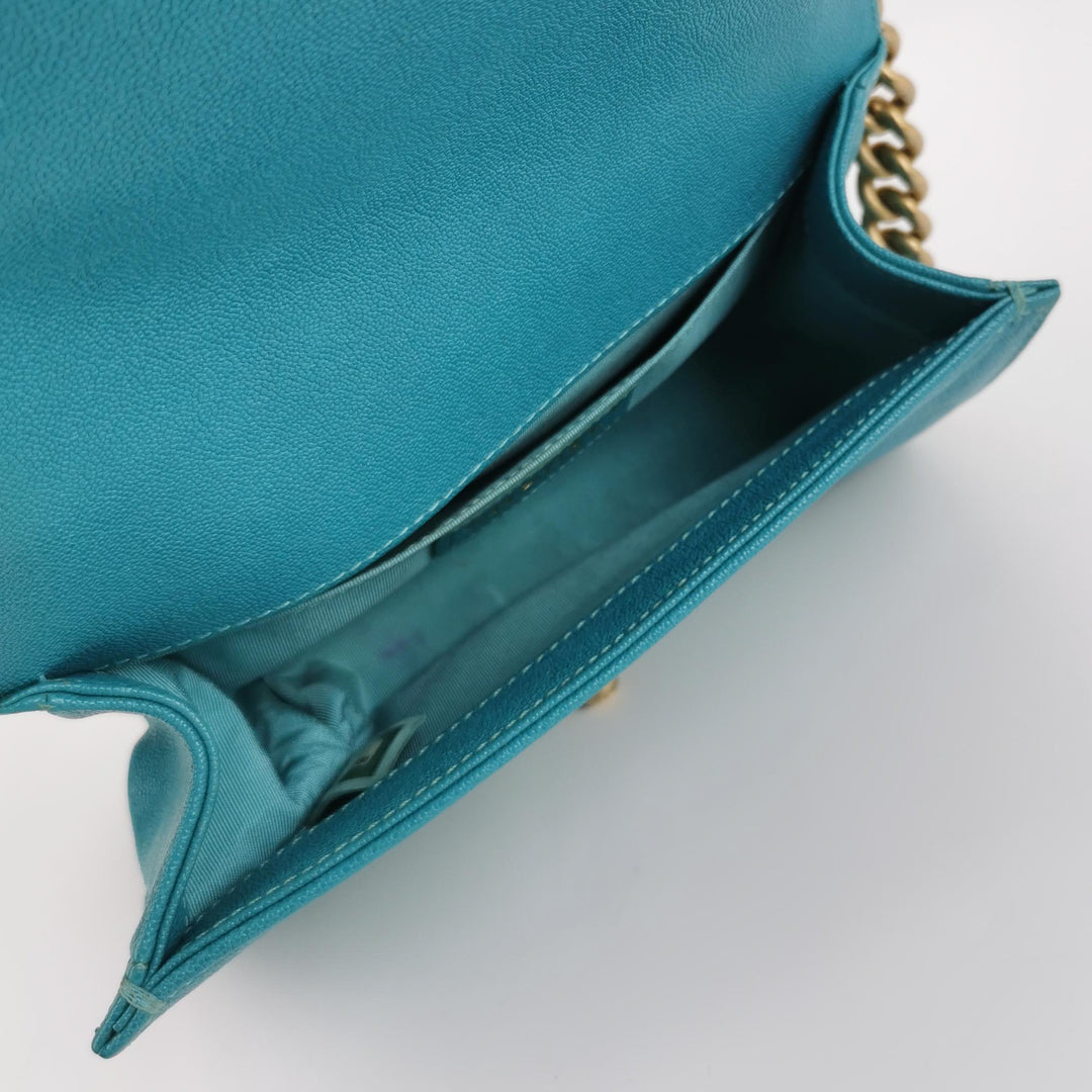 Chanel Boy Flap Bag Small Caviar Quilted Turquoise Aged Gold Hardware