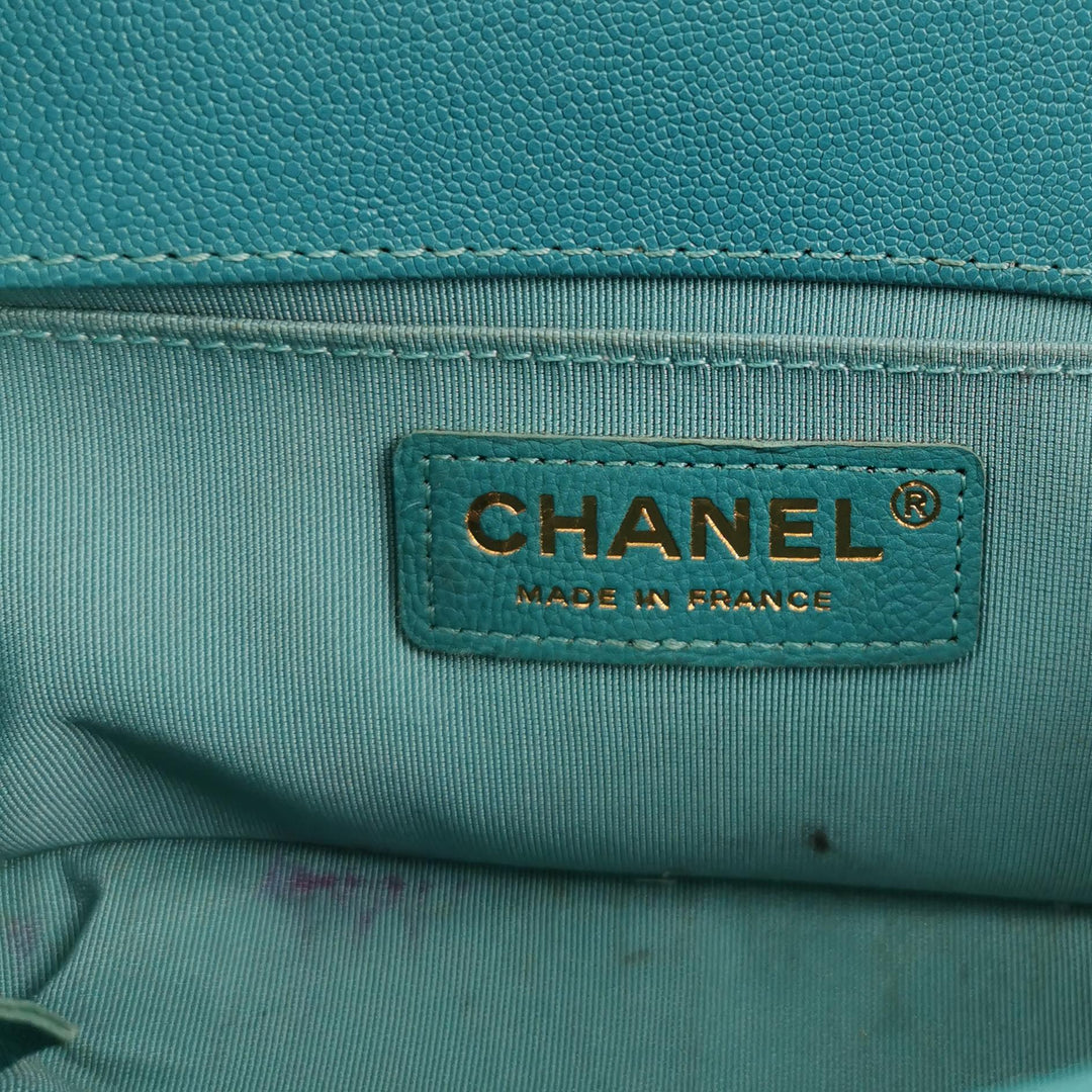 Chanel Boy Flap Bag Small Caviar Quilted Turquoise Aged Gold Hardware