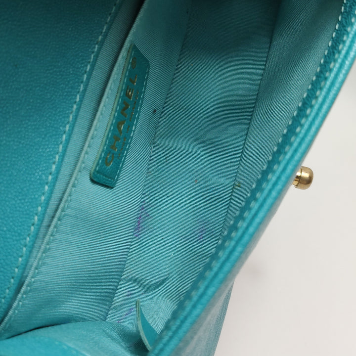 Chanel Boy Flap Bag Small Caviar Quilted Turquoise Aged Gold Hardware