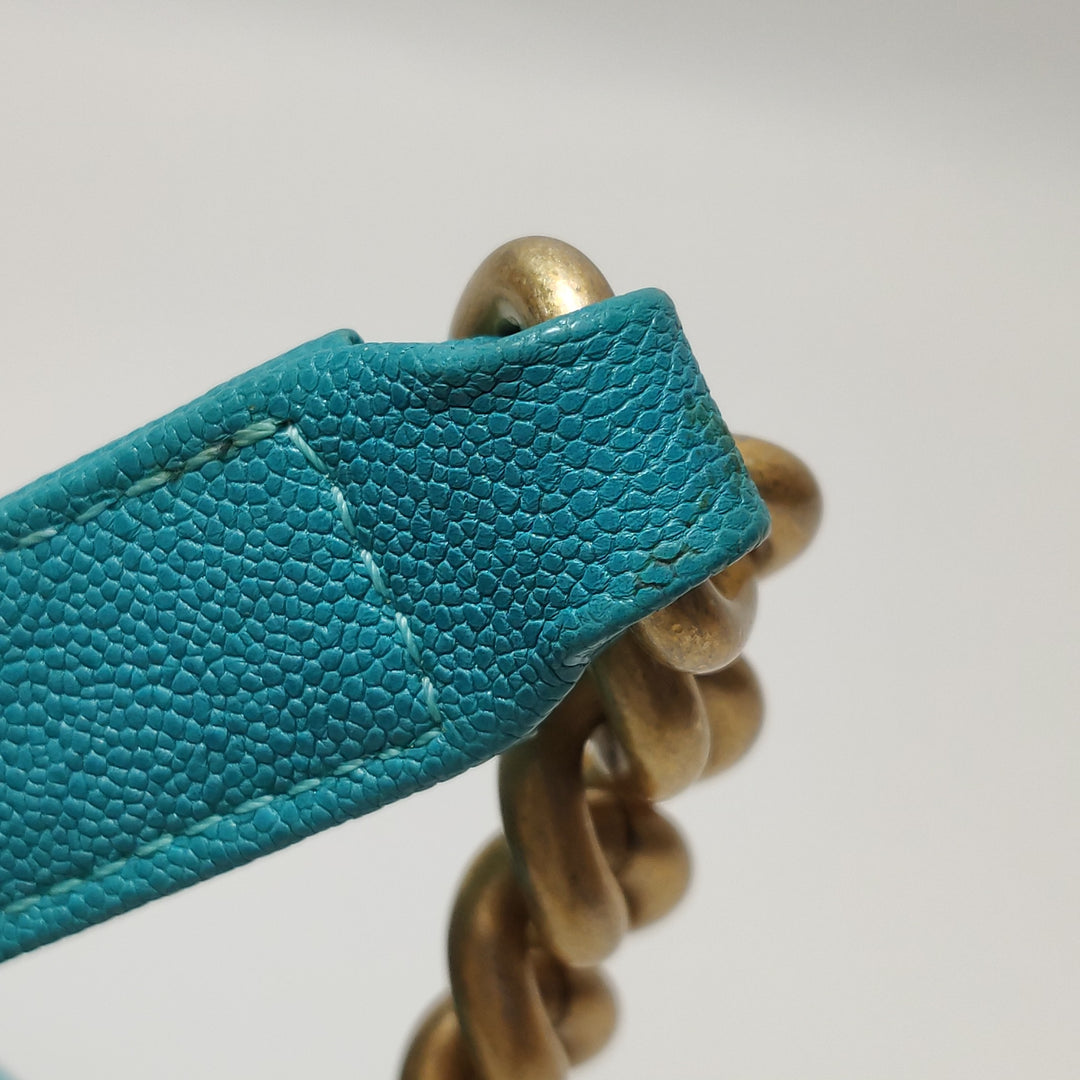 Chanel Boy Flap Bag Small Caviar Quilted Turquoise Aged Gold Hardware