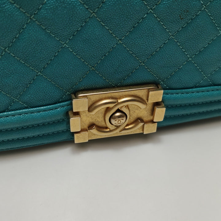 Chanel Boy Flap Bag Small Caviar Quilted Turquoise Aged Gold Hardware