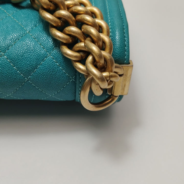 Chanel Boy Flap Bag Small Caviar Quilted Turquoise Aged Gold Hardware