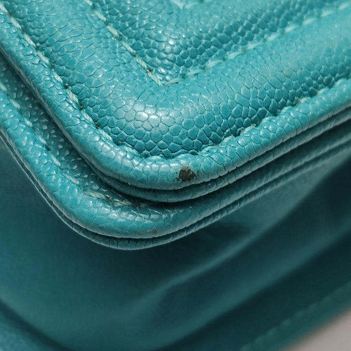 Chanel Boy Flap Bag Small Caviar Quilted Turquoise Aged Gold Hardware