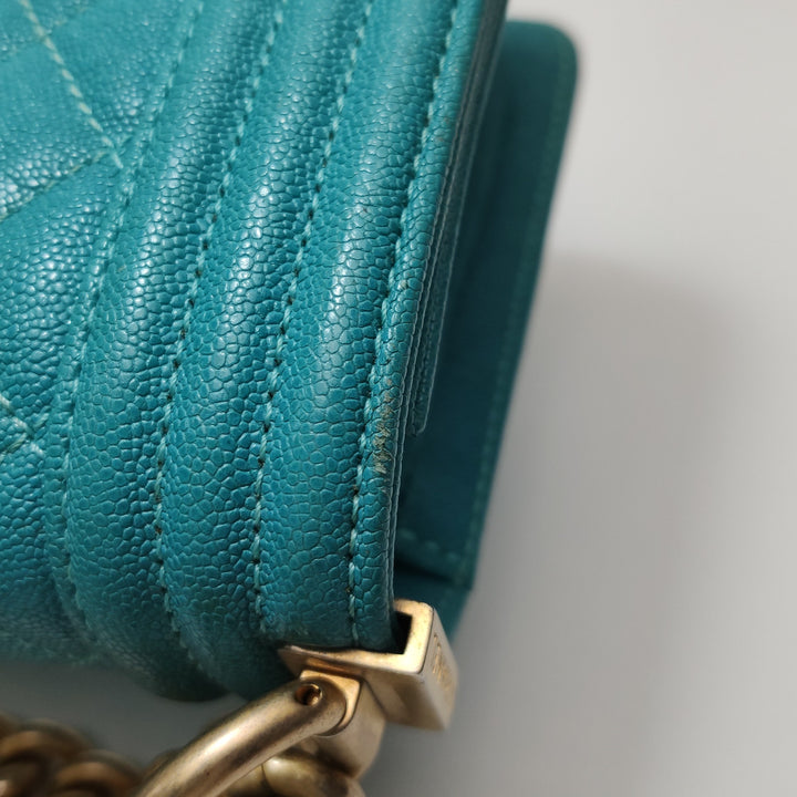 Chanel Boy Flap Bag Small Caviar Quilted Turquoise Aged Gold Hardware