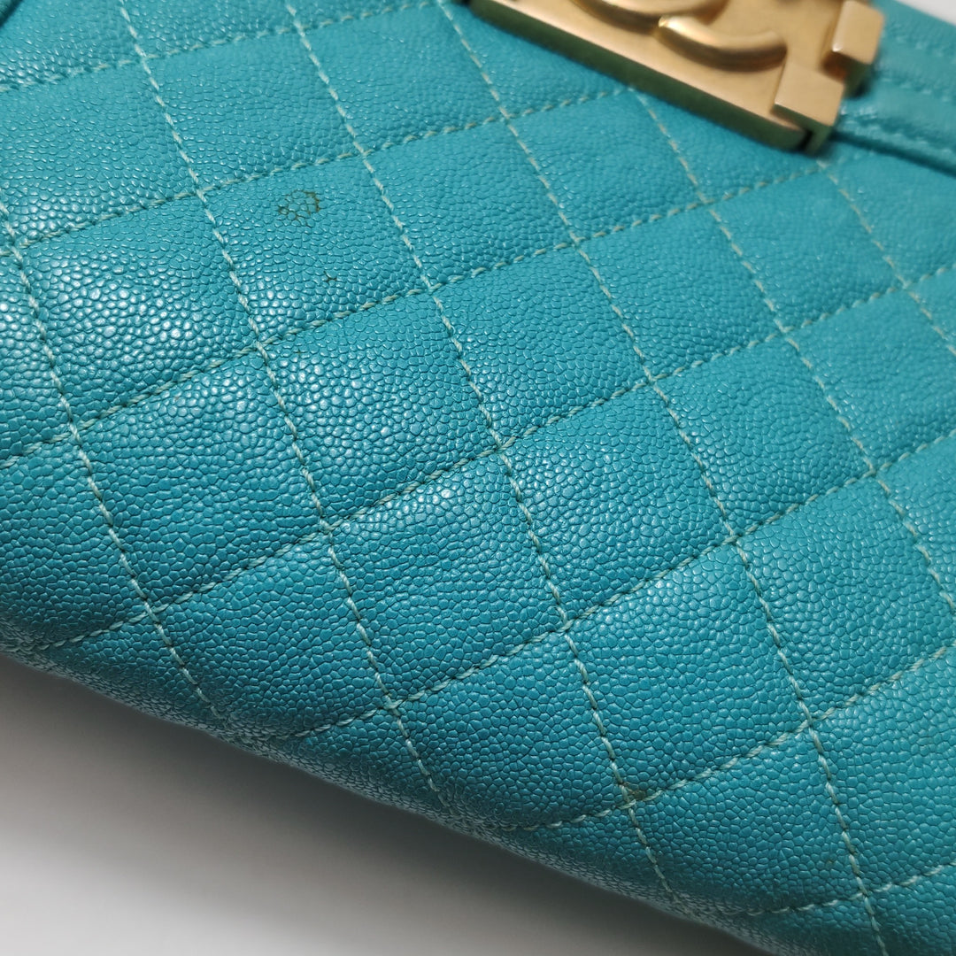 Chanel Boy Flap Bag Small Caviar Quilted Turquoise Aged Gold Hardware