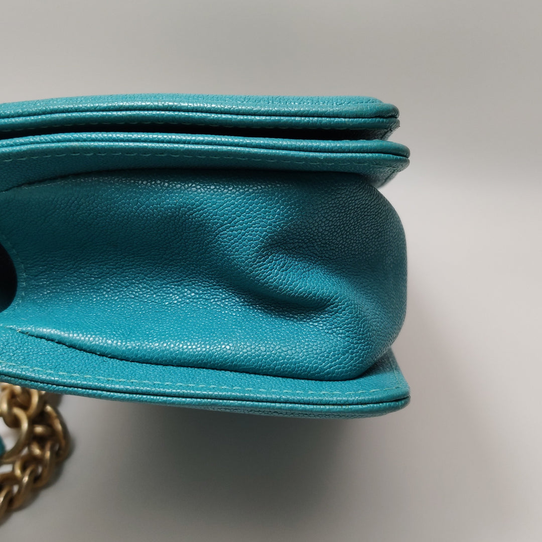 Chanel Boy Flap Bag Small Caviar Quilted Turquoise Aged Gold Hardware