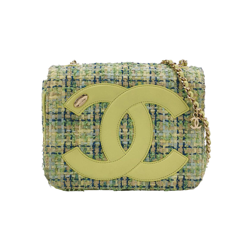 Chanel CC Mania Flap Bag Small Tweed Green Multicolour Gold Hardware