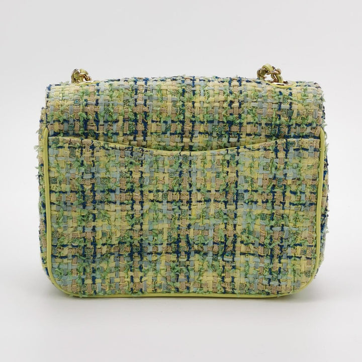 Chanel CC Mania Flap Bag Small Tweed Green Multicolour Gold Hardware