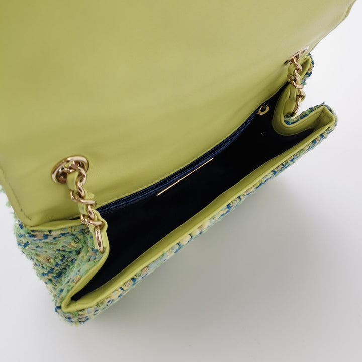Chanel CC Mania Flap Bag Small Tweed Green Multicolour Gold Hardware
