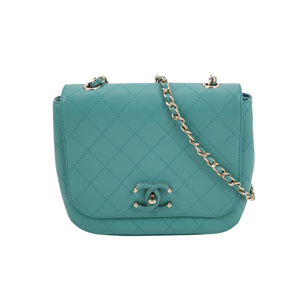 Chanel Stitched Small Covered CC Flap Bag Teal Green Calfskin Gold Hardware