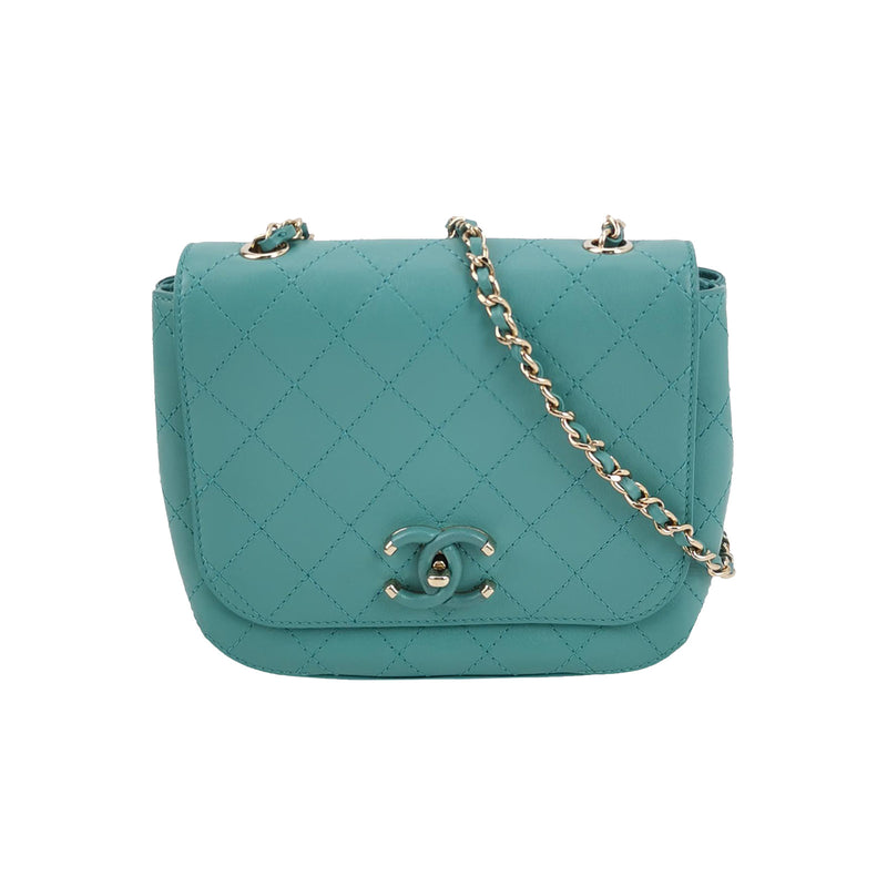 Chanel Stitched Small Covered CC Flap Bag Teal Green Calfskin Gold Hardware