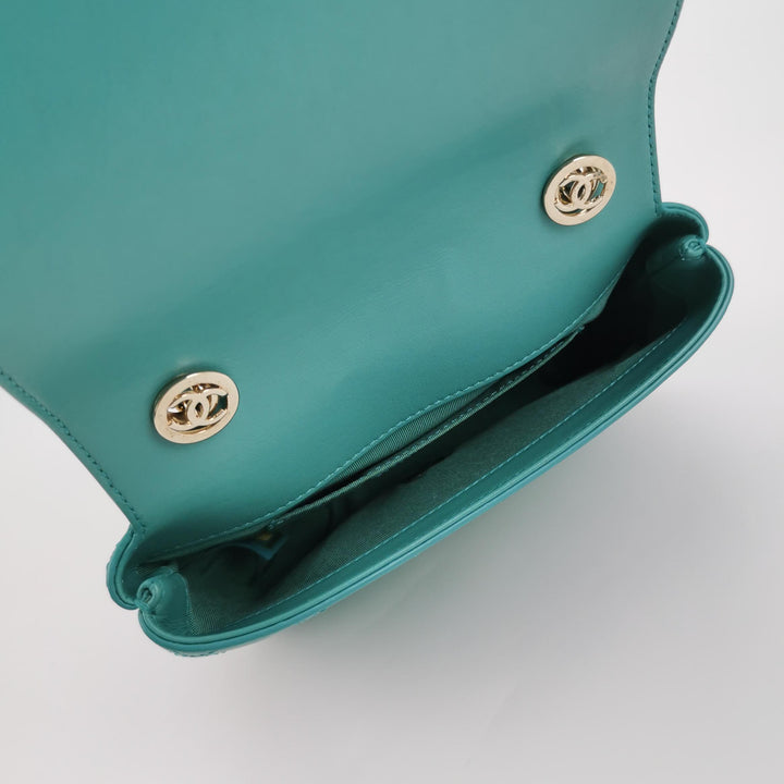 Chanel Stitched Small Covered CC Flap Bag Teal Green Calfskin Gold Hardware