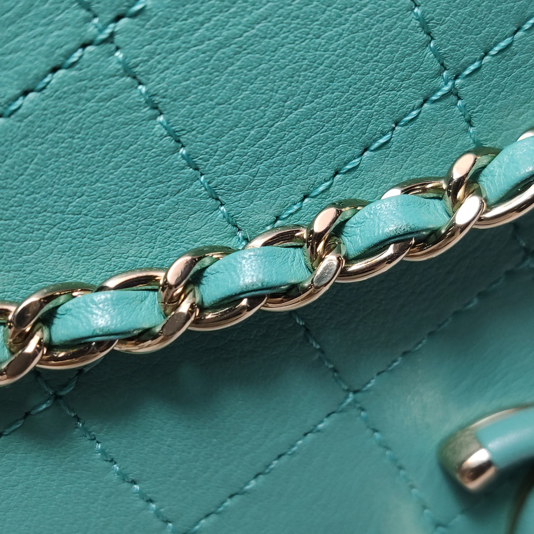 Chanel Stitched Small Covered CC Flap Bag Teal Green Calfskin Gold Hardware
