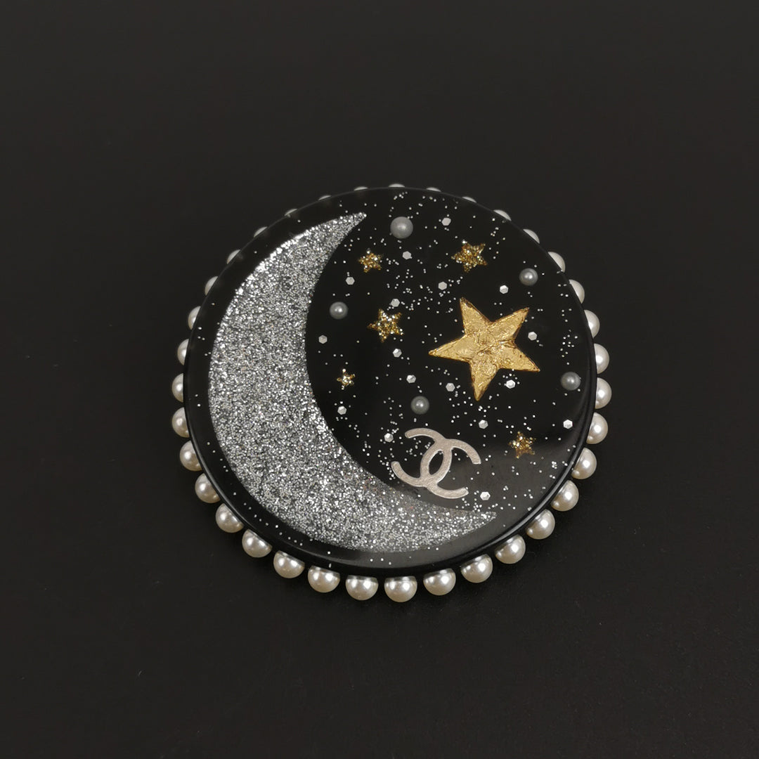Chanel Faux Pearl Resin Glitter Moon Stars Brooch