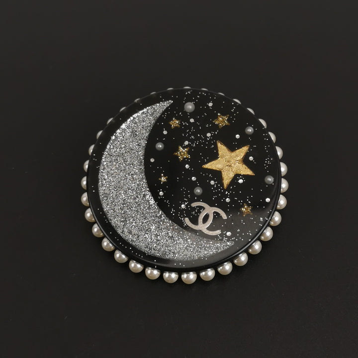 Chanel Faux Pearl Resin Glitter Moon Stars Brooch