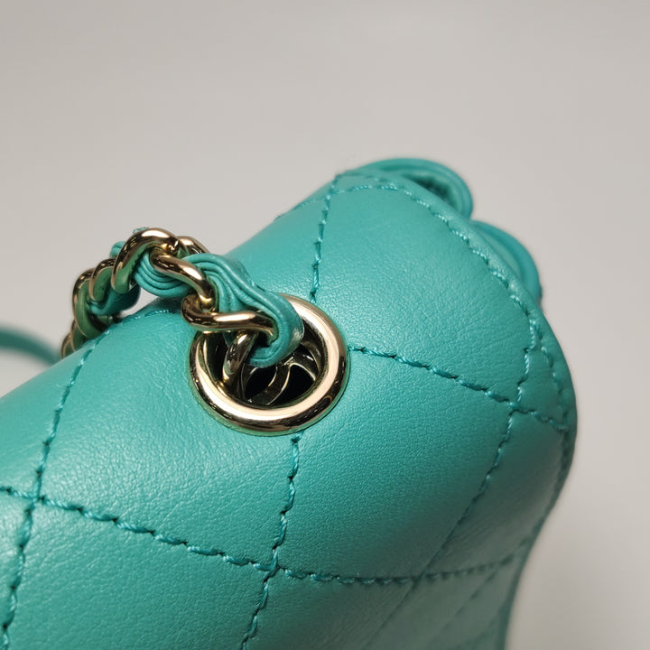 Chanel Stitched Small Covered CC Flap Bag Teal Green Calfskin Gold Hardware