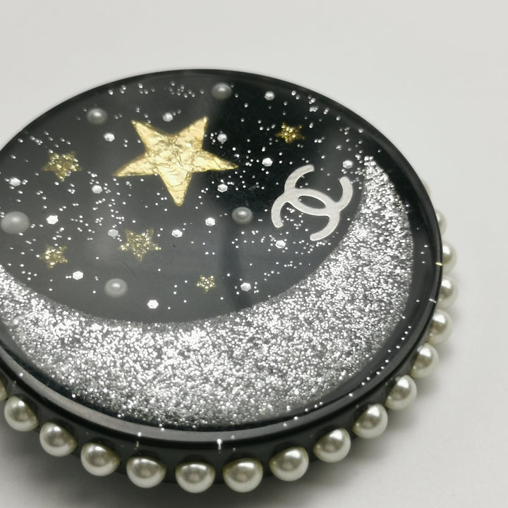 Chanel Faux Pearl Resin Glitter Moon Stars Brooch