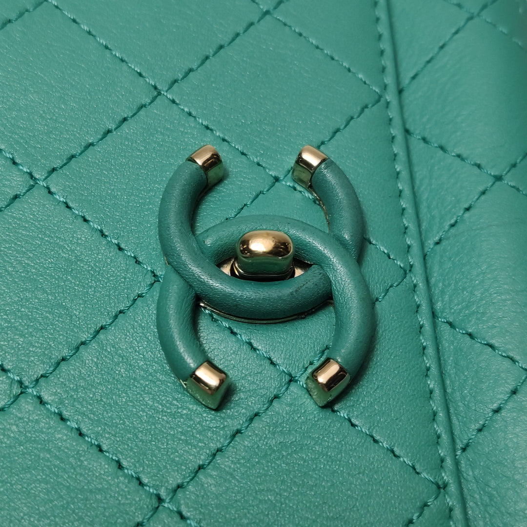 Chanel Stitched Small Covered CC Flap Bag Teal Green Calfskin Gold Hardware